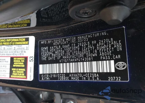 2023 Toyota Camry Se Night Shade/Se from USA, damaged, VIN 4T1G11AK4PU143081